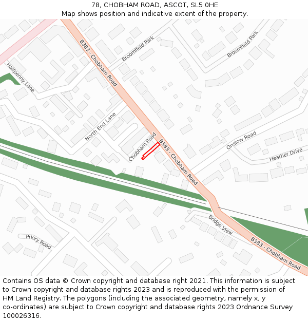 78, CHOBHAM ROAD, ASCOT, SL5 0HE: Location map and indicative extent of plot