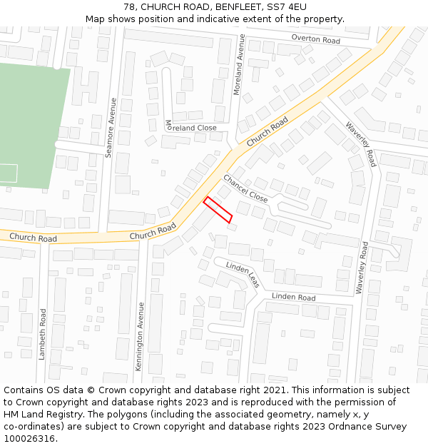 78, CHURCH ROAD, BENFLEET, SS7 4EU: Location map and indicative extent of plot