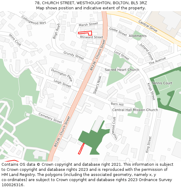 78, CHURCH STREET, WESTHOUGHTON, BOLTON, BL5 3RZ: Location map and indicative extent of plot