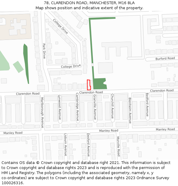 78, CLARENDON ROAD, MANCHESTER, M16 8LA: Location map and indicative extent of plot