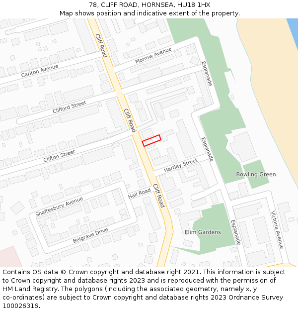 78, CLIFF ROAD, HORNSEA, HU18 1HX: Location map and indicative extent of plot