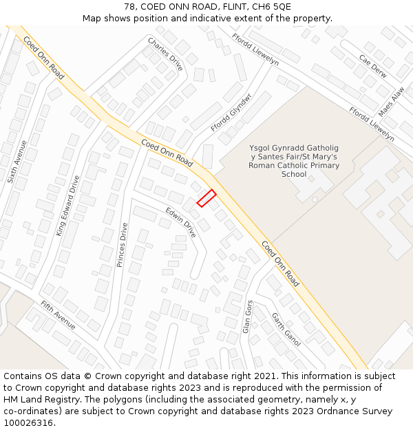 78, COED ONN ROAD, FLINT, CH6 5QE: Location map and indicative extent of plot