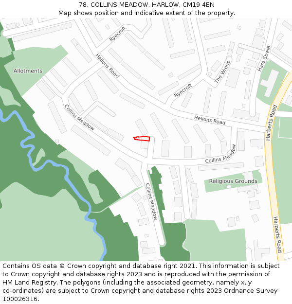 78, COLLINS MEADOW, HARLOW, CM19 4EN: Location map and indicative extent of plot