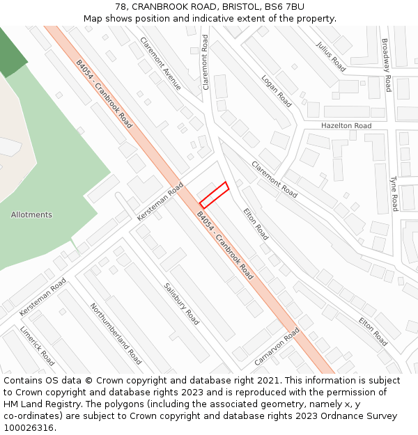 78, CRANBROOK ROAD, BRISTOL, BS6 7BU: Location map and indicative extent of plot