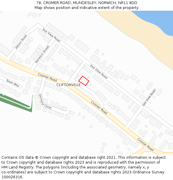 78, CROMER ROAD, MUNDESLEY, NORWICH, NR11 8DD: Location map and indicative extent of plot