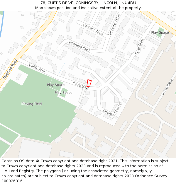 78, CURTIS DRIVE, CONINGSBY, LINCOLN, LN4 4DU: Location map and indicative extent of plot