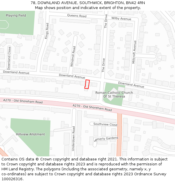 78, DOWNLAND AVENUE, SOUTHWICK, BRIGHTON, BN42 4RN: Location map and indicative extent of plot