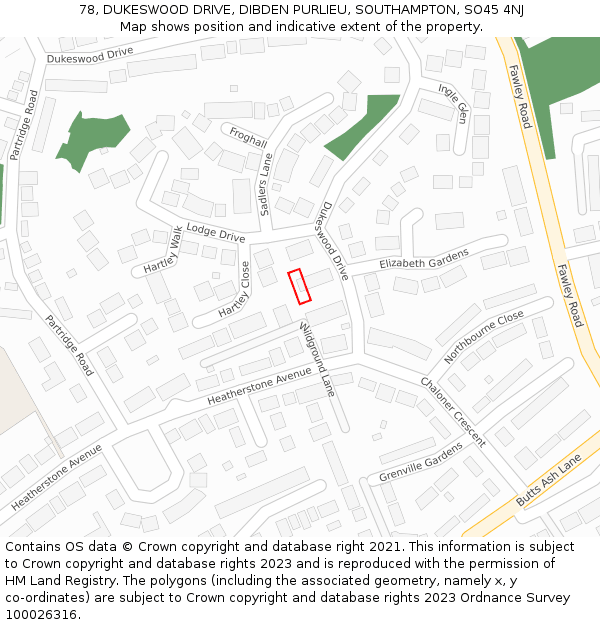 78, DUKESWOOD DRIVE, DIBDEN PURLIEU, SOUTHAMPTON, SO45 4NJ: Location map and indicative extent of plot