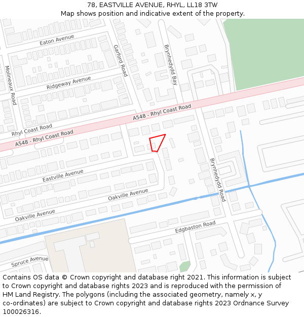 78, EASTVILLE AVENUE, RHYL, LL18 3TW: Location map and indicative extent of plot