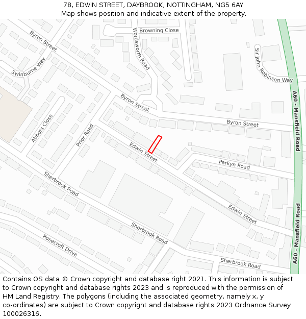 78, EDWIN STREET, DAYBROOK, NOTTINGHAM, NG5 6AY: Location map and indicative extent of plot