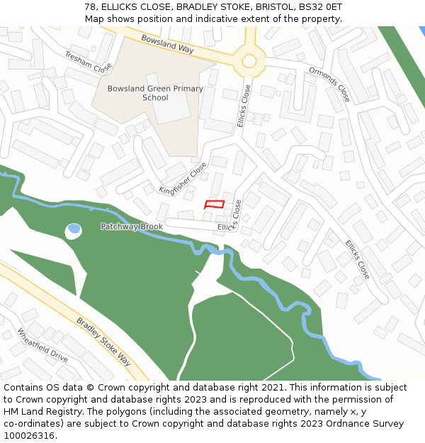 78, ELLICKS CLOSE, BRADLEY STOKE, BRISTOL, BS32 0ET: Location map and indicative extent of plot