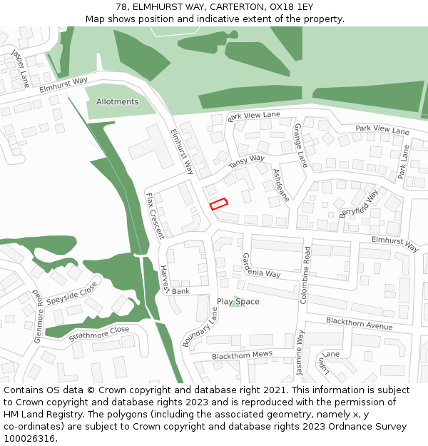 78, ELMHURST WAY, CARTERTON, OX18 1EY: Location map and indicative extent of plot