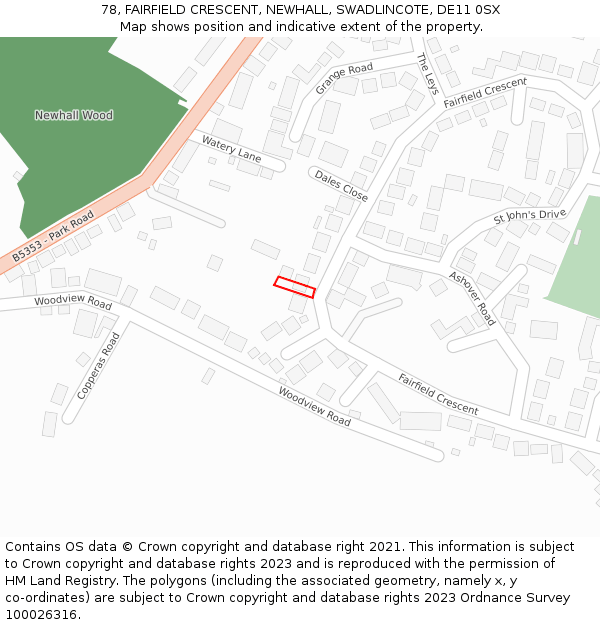 78, FAIRFIELD CRESCENT, NEWHALL, SWADLINCOTE, DE11 0SX: Location map and indicative extent of plot