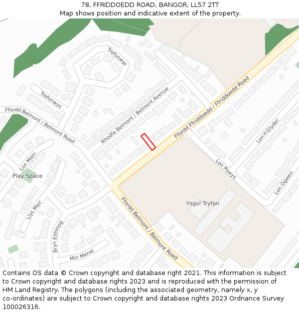78, FFRIDDOEDD ROAD, BANGOR, LL57 2TT: Location map and indicative extent of plot