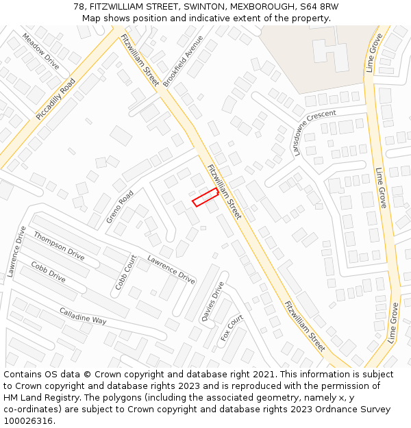 78, FITZWILLIAM STREET, SWINTON, MEXBOROUGH, S64 8RW: Location map and indicative extent of plot