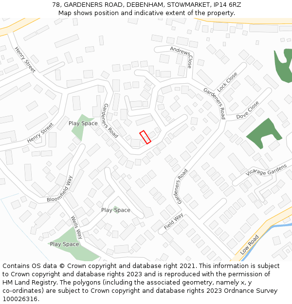 78, GARDENERS ROAD, DEBENHAM, STOWMARKET, IP14 6RZ: Location map and indicative extent of plot