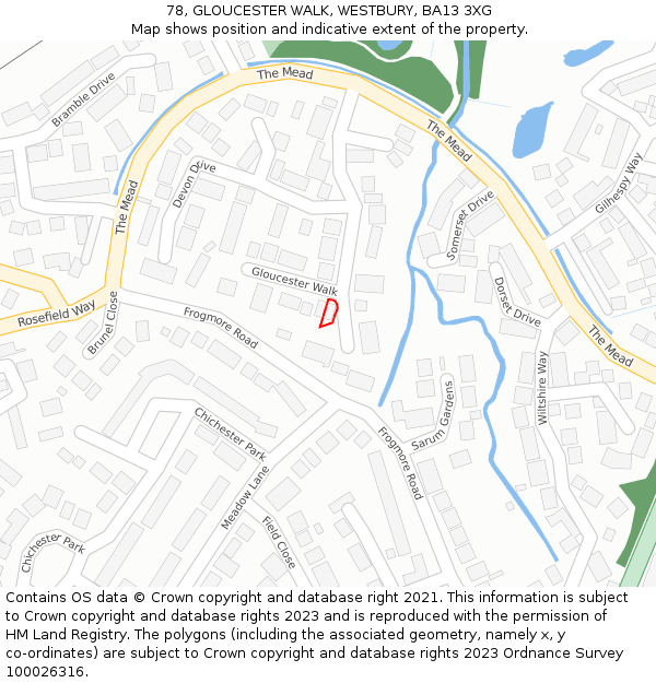 78, GLOUCESTER WALK, WESTBURY, BA13 3XG: Location map and indicative extent of plot