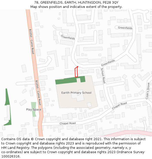 78, GREENFIELDS, EARITH, HUNTINGDON, PE28 3QY: Location map and indicative extent of plot