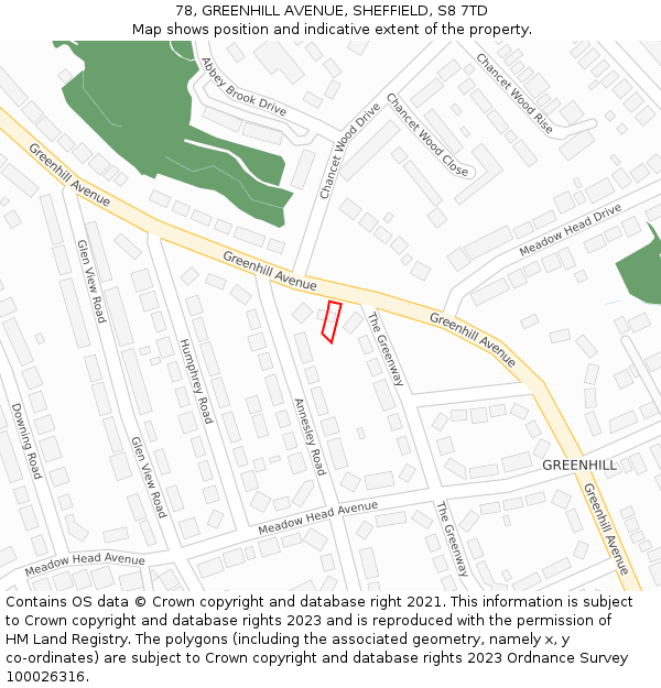 78, GREENHILL AVENUE, SHEFFIELD, S8 7TD: Location map and indicative extent of plot