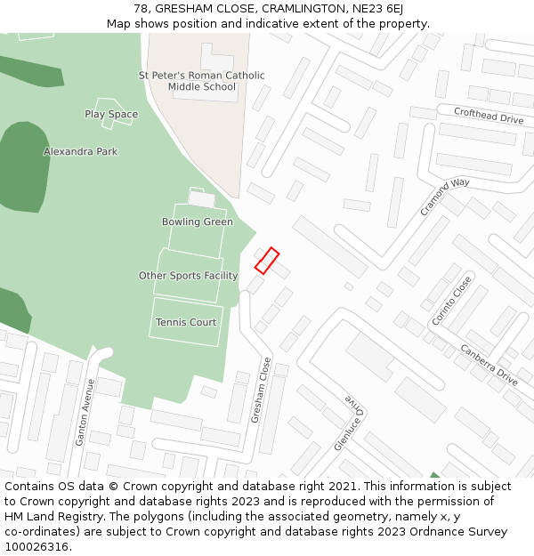 78, GRESHAM CLOSE, CRAMLINGTON, NE23 6EJ: Location map and indicative extent of plot