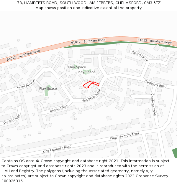 78, HAMBERTS ROAD, SOUTH WOODHAM FERRERS, CHELMSFORD, CM3 5TZ: Location map and indicative extent of plot