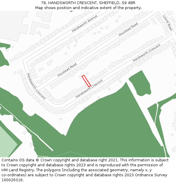 78, HANDSWORTH CRESCENT, SHEFFIELD, S9 4BR: Location map and indicative extent of plot