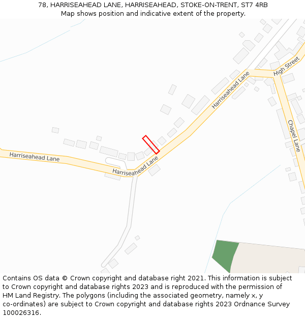 78, HARRISEAHEAD LANE, HARRISEAHEAD, STOKE-ON-TRENT, ST7 4RB: Location map and indicative extent of plot