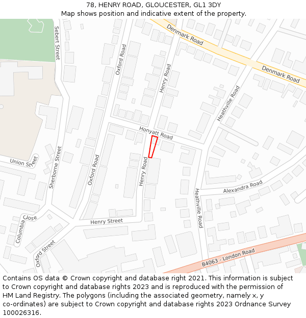 78, HENRY ROAD, GLOUCESTER, GL1 3DY: Location map and indicative extent of plot