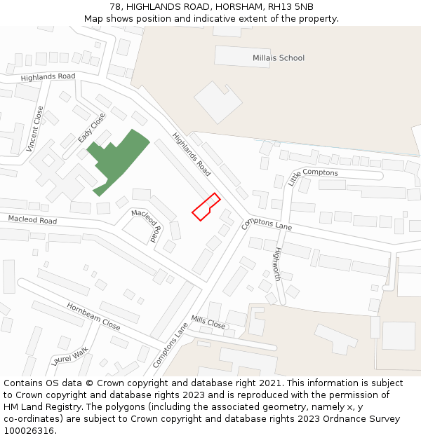 78, HIGHLANDS ROAD, HORSHAM, RH13 5NB: Location map and indicative extent of plot