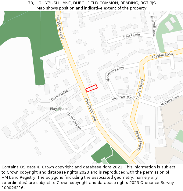 78, HOLLYBUSH LANE, BURGHFIELD COMMON, READING, RG7 3JS: Location map and indicative extent of plot