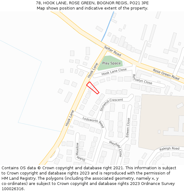 78, HOOK LANE, ROSE GREEN, BOGNOR REGIS, PO21 3PE: Location map and indicative extent of plot