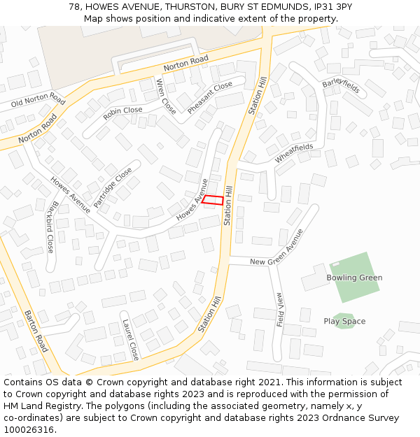 78, HOWES AVENUE, THURSTON, BURY ST EDMUNDS, IP31 3PY: Location map and indicative extent of plot