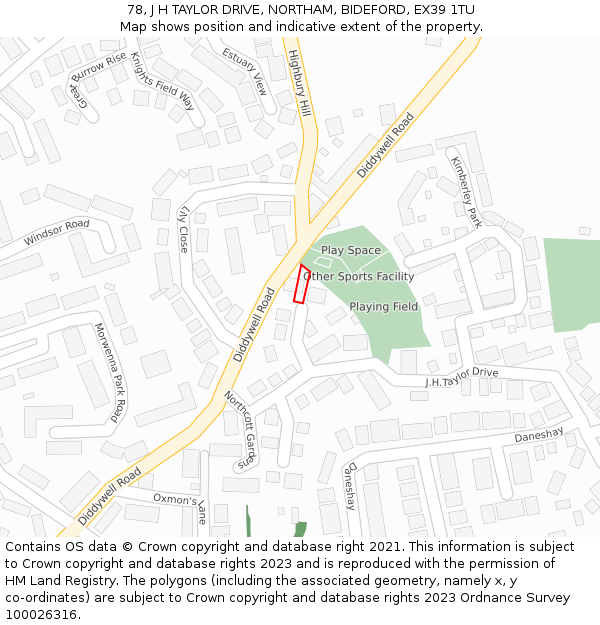 78, J H TAYLOR DRIVE, NORTHAM, BIDEFORD, EX39 1TU: Location map and indicative extent of plot