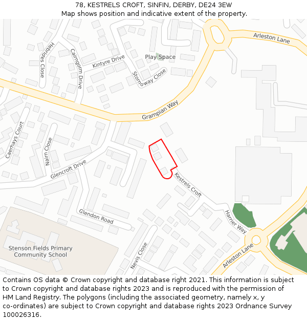 78, KESTRELS CROFT, SINFIN, DERBY, DE24 3EW: Location map and indicative extent of plot