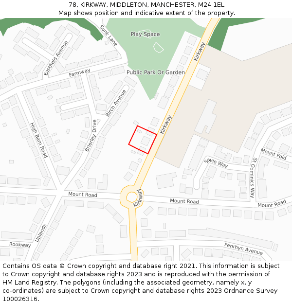 78, KIRKWAY, MIDDLETON, MANCHESTER, M24 1EL: Location map and indicative extent of plot