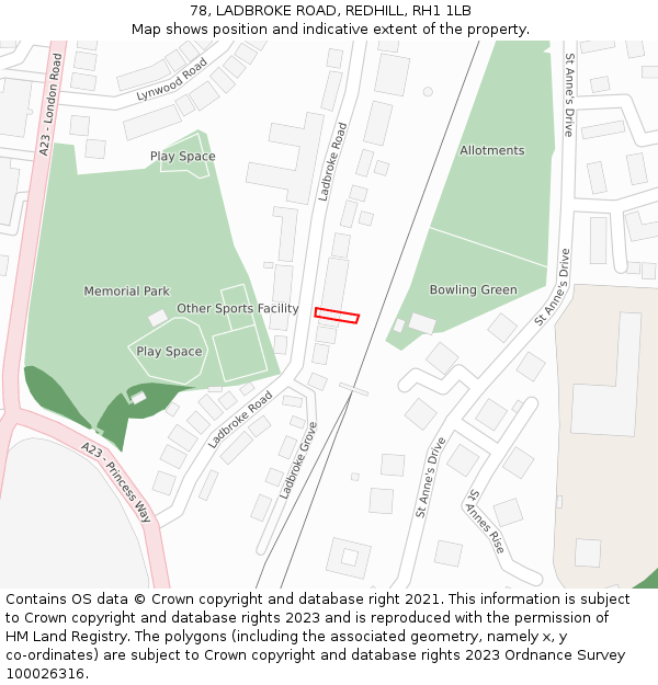 78, LADBROKE ROAD, REDHILL, RH1 1LB: Location map and indicative extent of plot