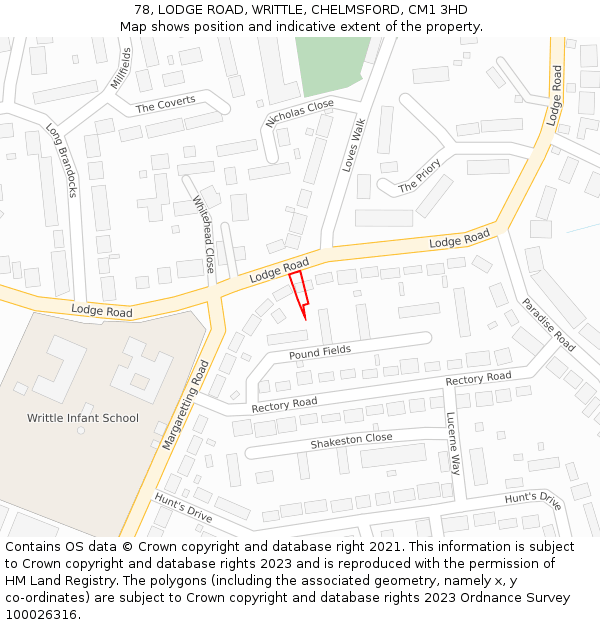 78, LODGE ROAD, WRITTLE, CHELMSFORD, CM1 3HD: Location map and indicative extent of plot