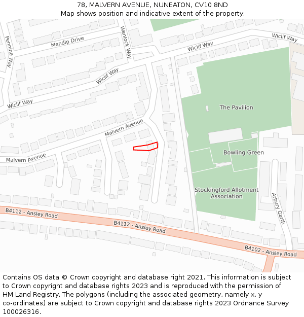 78, MALVERN AVENUE, NUNEATON, CV10 8ND: Location map and indicative extent of plot
