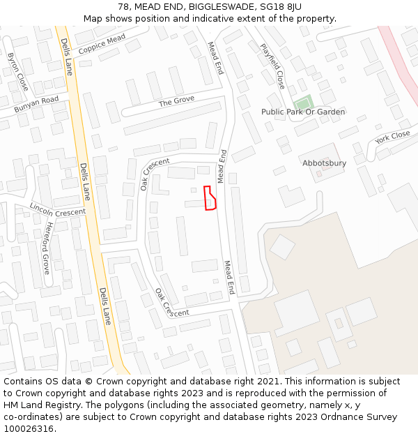 78, MEAD END, BIGGLESWADE, SG18 8JU: Location map and indicative extent of plot