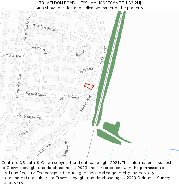 78, MELDON ROAD, HEYSHAM, MORECAMBE, LA3 2HJ: Location map and indicative extent of plot