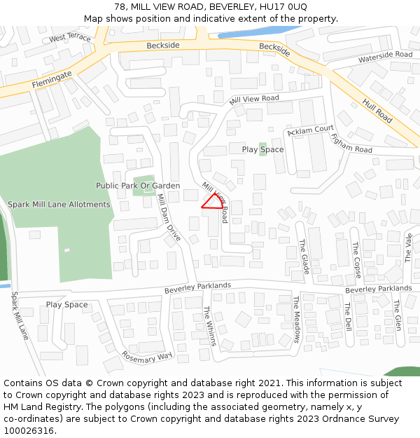 78, MILL VIEW ROAD, BEVERLEY, HU17 0UQ: Location map and indicative extent of plot