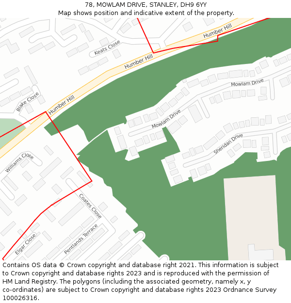 78, MOWLAM DRIVE, STANLEY, DH9 6YY: Location map and indicative extent of plot