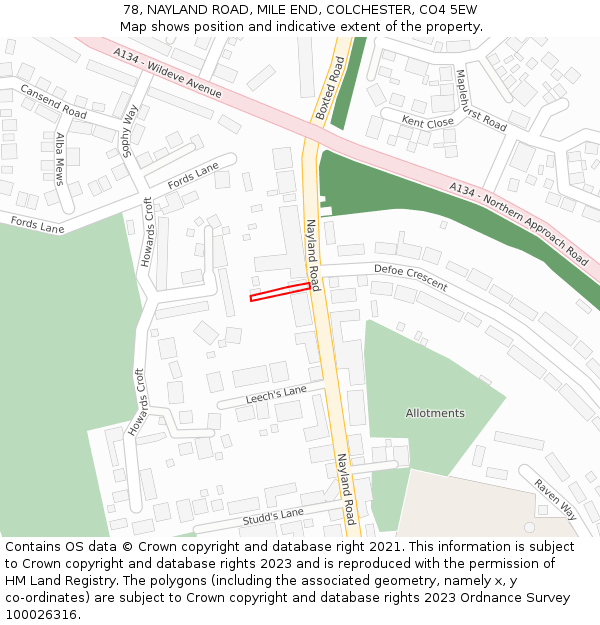 78, NAYLAND ROAD, MILE END, COLCHESTER, CO4 5EW: Location map and indicative extent of plot