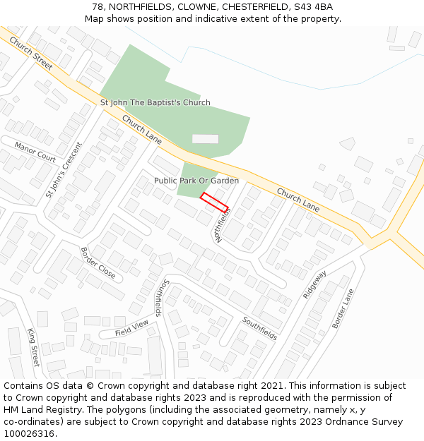 78, NORTHFIELDS, CLOWNE, CHESTERFIELD, S43 4BA: Location map and indicative extent of plot