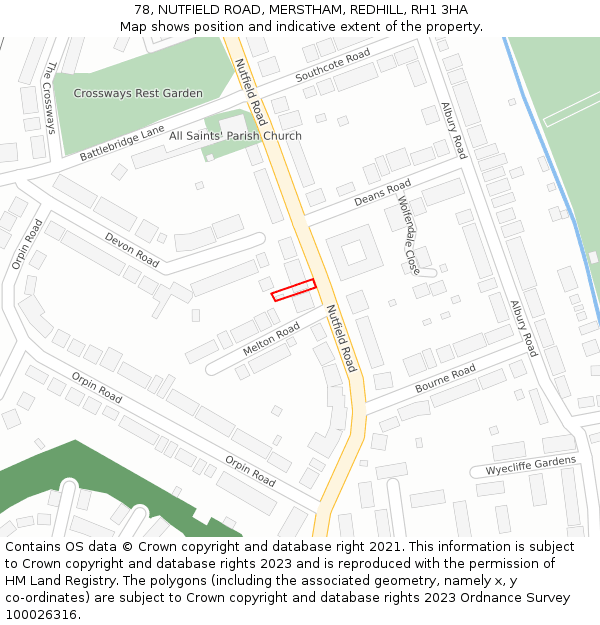 78, NUTFIELD ROAD, MERSTHAM, REDHILL, RH1 3HA: Location map and indicative extent of plot