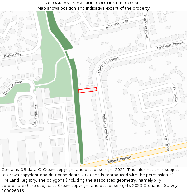 78, OAKLANDS AVENUE, COLCHESTER, CO3 9ET: Location map and indicative extent of plot