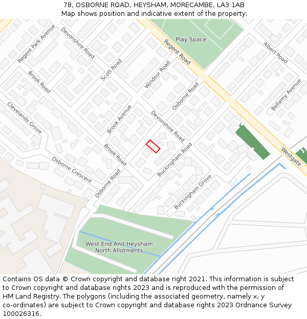 78, OSBORNE ROAD, HEYSHAM, MORECAMBE, LA3 1AB: Location map and indicative extent of plot