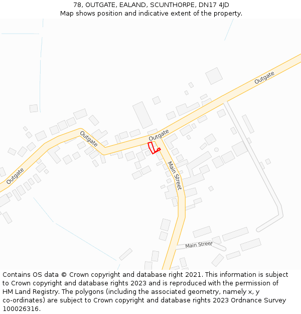 78, OUTGATE, EALAND, SCUNTHORPE, DN17 4JD: Location map and indicative extent of plot