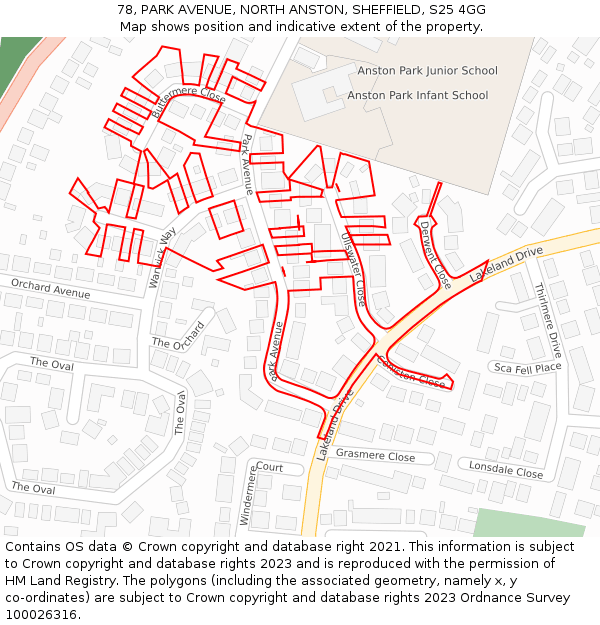 78, PARK AVENUE, NORTH ANSTON, SHEFFIELD, S25 4GG: Location map and indicative extent of plot