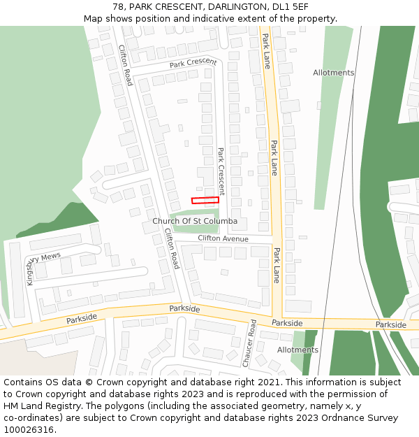 78, PARK CRESCENT, DARLINGTON, DL1 5EF: Location map and indicative extent of plot